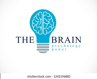 Psychology vector logo or icon with human anatomical brain inside of idea light bulb.