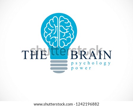 Psychology vector logo or icon with human anatomical brain inside of idea light bulb.