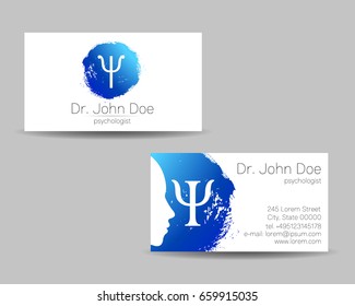 Psychology vector visit card. Modern logo. Creative style. Design concept. Brand company. Blue color isolated on gray background. Symbol for web, print
