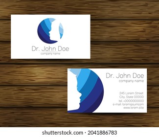 Psychology vector visit card Puzzle Autism Modern logo. Creative style. Design concept for Brand company. Blue color isolated on tree background. Symbol for web, print. vVsiting personal set