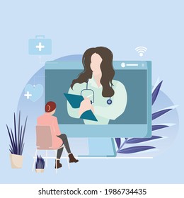 Psychology virtual session, consultation and psychoanalysis, help by psychologist, discussion with psychiatrist, psychiatry of advice, vector illustration