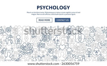 Psychology Web Banner Design. Vector Thin Outline Mental Health Linear Symbols. Wellness and Awareness Month Concept. Therapy Line Objects Website Background.