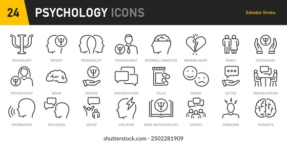 Psychology web icon set in line style. Psychologist, doctor, depression, psychological help, individual therapy, collection. Vector illustration.	