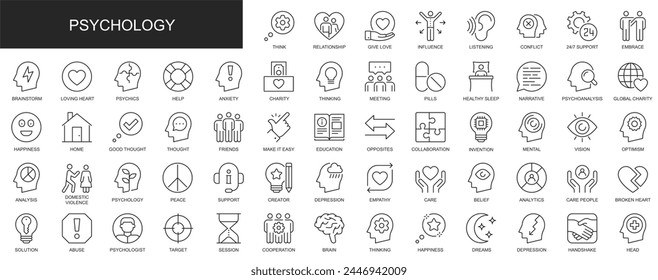 Iconos web de psicología en diseño de línea delgada. Pack de relación, amor, influencias, escucha, Asistencia, lluvia de ideas, ansiedad, caridad, reunión, otros pictogramas de contorno de trazo. Ilustración vectorial.