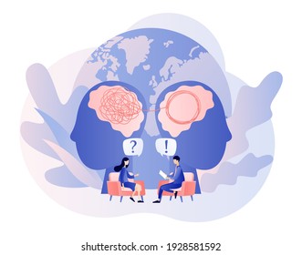 Psychology without borders. Tiny psychologist and patient. World mental health day. Psychotherapy practice, psychological help, psychologist service. Modern flat cartoon style. Vector illustration