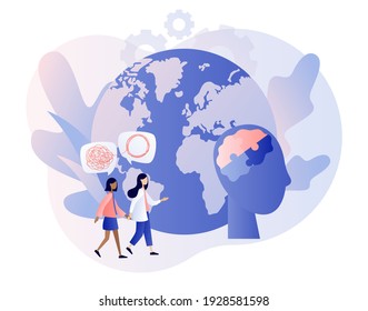 Psychology without borders. World mental health day. Psychotherapy practice, psychological help, psychologist service. Tiny psychologist and patient. Modern flat cartoon style. Vector illustration