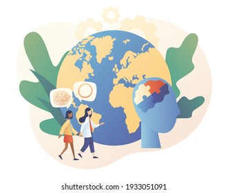 Psychology without borders. World mental health day. Tiny psychologist and patient. Psychotherapy practice, psychological help, psychologist service. Modern flat cartoon style. Vector illustration