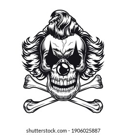 Psychopath clown emblem design. Monochrome element with skull and bones vector illustration. Horror and evil concept for symbols or tattoo templates