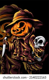 Psychopath pumpkin with skull vector illustration