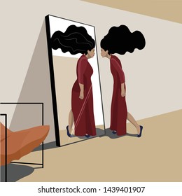 Psychopathology - Mental Health Disorder - Body Dysmorphia Disorder - Lean woman looking in the mirror and selling herself fat