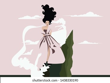 Psychopathology - Mental Health Disorder - Borderline Personality - woman with long dress over mountains surrounded by clouds with her silhouette.