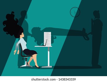 Psychopathology - Mental Health Disorder - Burnout - sitting woman working exhaustively, and shadow of her dead image being taken