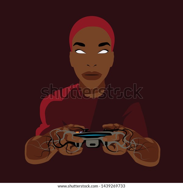 Psychopathology -\
Mental Health Disorder - Gaming Disorder - digital gamer with\
joystick in the hands trapped by\
roots
