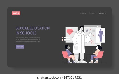 Psychosexology concept. Educational website interface about sexual education in schools, featuring a doctor and students. Sexual health awareness in youth. Vector illustration.
