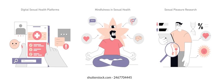 Psychosexology set. Exploring digital sexual health platforms, mindfulness in sexual health, and sexual pleasure research. Vector illustration.