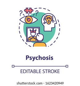 Psychosis concept icon. Psychic disorder. Psychopathy, insanity. Uncontrollable fear, depression. Mental illness idea thin line illustration. Vector isolated outline RGB color drawing. Editable stroke