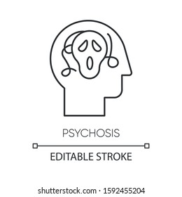 Psychosis linear icon. Paranoid and scared person. Confused mind. Schizophrenia. Depression. Mental disorder. Thin line illustration. Contour symbol. Vector isolated outline drawing. Editable stroke