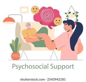 Psychosocial Support concept. Emotional care in a nursing home environment. Elder interaction with a caregiver under a mood-themed background. Vector illustration.