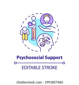 Psychosocial support concept icon. Worker adaptation functions of mentor. Friendly treatment thin line illustration. Help in problems. Vector isolated outline RGB color drawing. Editable stroke