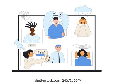 Psychosocial support group online. Mental problems characters. Young people with burnout, fear and depression. Teenage girls and boy community meeting for help each others. Vector outline illustration