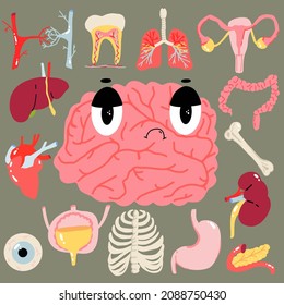Psychosomatics concept, vector illustration in flat style. Human organs set, anotomy.