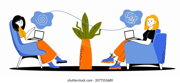 Psychotherapeutic counseling A psychologist and a young girl patient at a therapy session Treatment of stress and mental problems Vector illustration