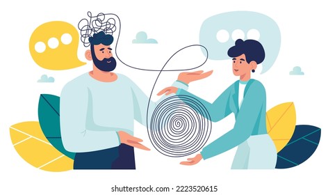 Psychotherapeutic practice Mental health treatment, client with mental disorder struggles with stress, depression. psychiatrist unravels tangle. vector illustration struggle stress, emotional burnout