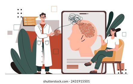 Psychotherapist with client concept. Man in medical coat with tangled woman. Doctor help patient. Mental health and psychology. Cartoon flat vector illustration isolated on white background