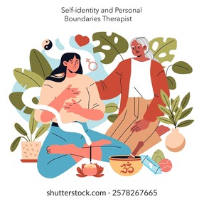 Psychotherapist concept. An intimate counseling session exploring self-identity with a nurturing therapist. Emotional healing in a serene setting. Vector illustration.