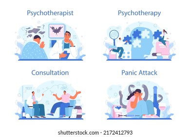 Psychotherapist concept set. Mental health diagnostic and treatment. Psychiatrist consulting and testing a patient. Thoughts and emotions analysis, panic attack managing. Flat vector illustration