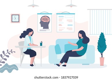 Psychotherapist consults woman. Mental problems, female patient at appointment with psychologist. Health care, medical consultation background. Clinic room interior. Trendy style vector illustration