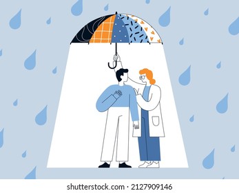 Psychotherapist Or Doctor Covers A Person In Need Of Help With An Umbrella From The Rain. The Concept Of Psychological Help Or Treatment Of Mental Problems, Depression, Bipolar Disorder.