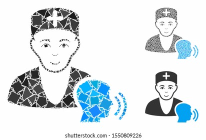 Psychotherapist doctor visit mosaic of tuberous elements in various sizes and color tinges, based on psychotherapist doctor visit icon. Vector uneven elements are united into collage.