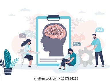 Psychotherapist examining female patient. Group of doctors talking to female patient about mental health. Concept of psychological help, healthcare, consulting with psychologist. Vector illustration