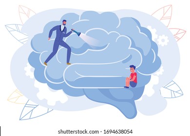 Psychotherapist with Flashlight Search Trauma from Childhood in Human Head. Doctor Run on Person Brain. Little Scared Boy Hiding in Depth. Psychotherapy, Psychoanalysis. Vector Metaphor Illustration