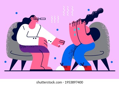 Psychotherapist help and assistance concept. Young crying woman sitting in armchair telling her feelings to woman doctor during personal consultation vector illustration 