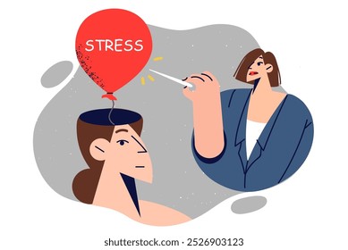 Psychotherapist helps patient get rid of stress, uses needle to burst balloon in girl head. Girl works as psychotherapist, destroying stereotypes that cause depression and mental disorders