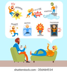 Psychotherapist with Lying Patient Discussing Phobia. Flat Vector Illustration