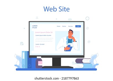 Psychotherapist online service or platform. Mental health diagnostic and treatment. Psychiatrist consulting and testing a patient. Website. Flat vector illustration