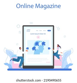 Psychotherapist online service or platform. Mental health diagnostic and treatment. Psychiatrist consulting and testing a patient. Online magazine. Flat vector illustration