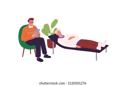 Psychotherapist And Patient At Psychotherapy Session. Client With Mental Disorder Lying On Couch At Psychiatrists Office. Psychoanalysis Concept. Flat Vector Illustration Isolated On White Background