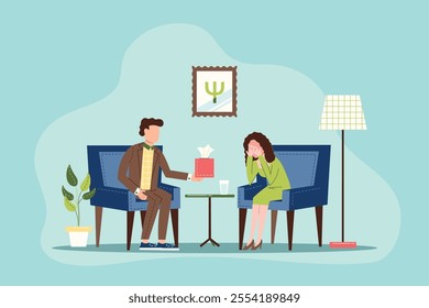 Psychotherapist or psychologist and patient on psychotherapy session. The woman is crying, the doctor hands a box of napkins to a patient. Concept of psychotherapy session. Flat vector illustration.