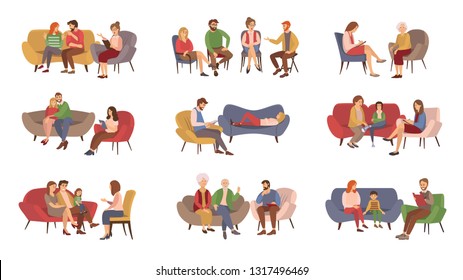 Psychotherapist services, psychotherapy session vector. Couples and families, kids and teenagers or adults getting psychological help, rehabilitation group