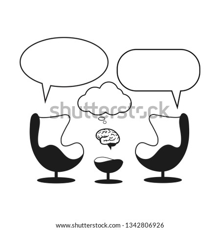 Psychotherapist session. Cabinet with  two egg design armchairs and speech balloons. Black and white minimalistic illustration. EPS 8.- Vector