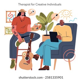 Psychotherapist session illustration. An artist discussing mental health with a counselor in a cozy office adorned with creative artwork. Vector illustration.