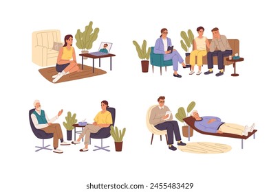 Psychotherapist sessions set. Family psychotherapy, online psychological counseling. Doctor does therapy for patients with mental disorders, problems. Flat isolated vector illustration on white