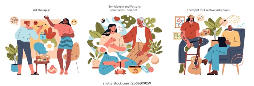 Psychotherapist set. Diverse therapists engaging with clients through art, self-identity, and creativity. Mental health support approach. Vector illustration.