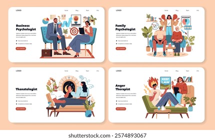 Psychotherapist set. Illustrated web banners depicting various therapy sessions, with a focus on business, family, grief, and anger management. Vector illustration.