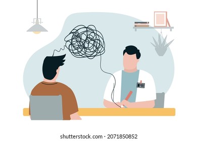 Psychotherapist talk and help patient with mental problems. Doctor talking to man about mental health. Concept of psychological help, healthcare, consulting with psychologist. Vector illustration