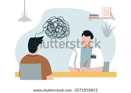 Psychotherapist talk and help patient with mental problems. Doctor talking to man about mental health. Concept of psychological help, healthcare, consulting with psychologist. Vector illustration Сток-фото © 